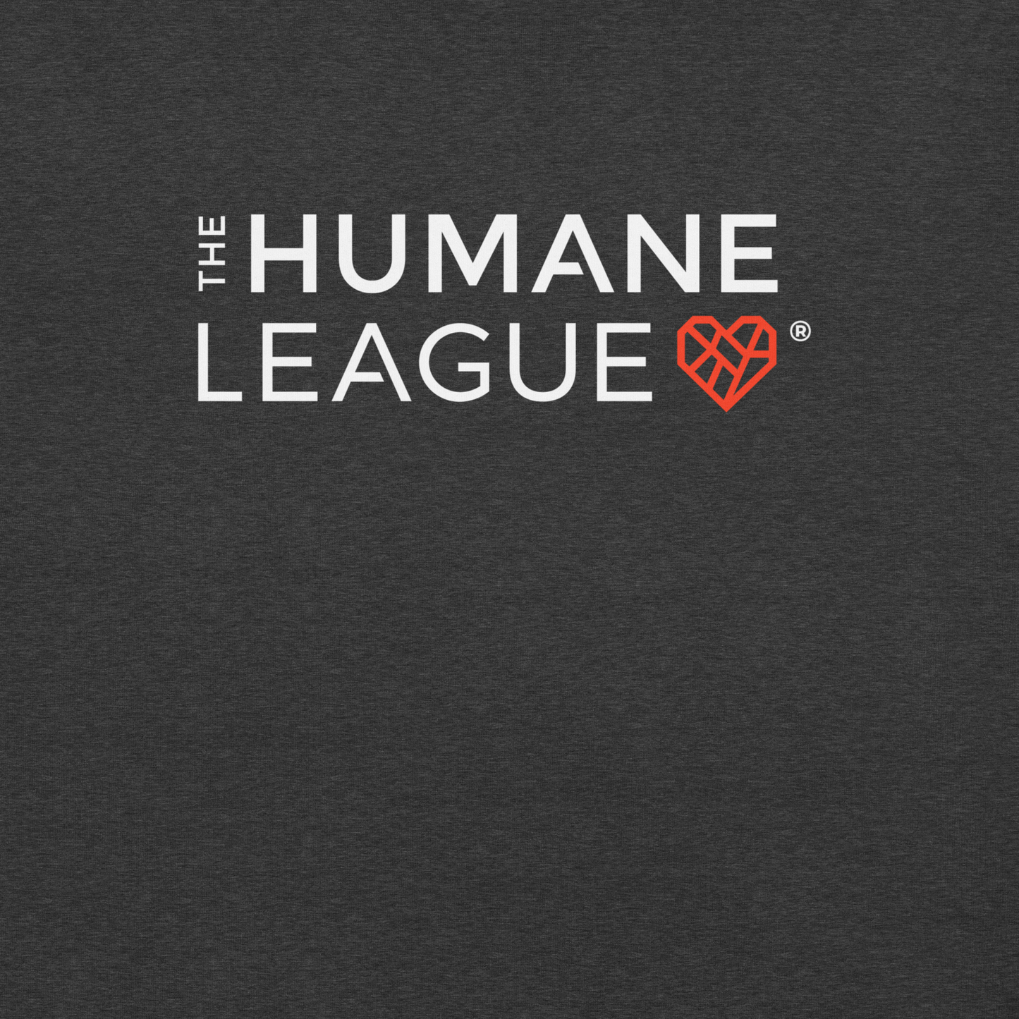 Close up of The Humane League's logo on the front of the t-shirt.