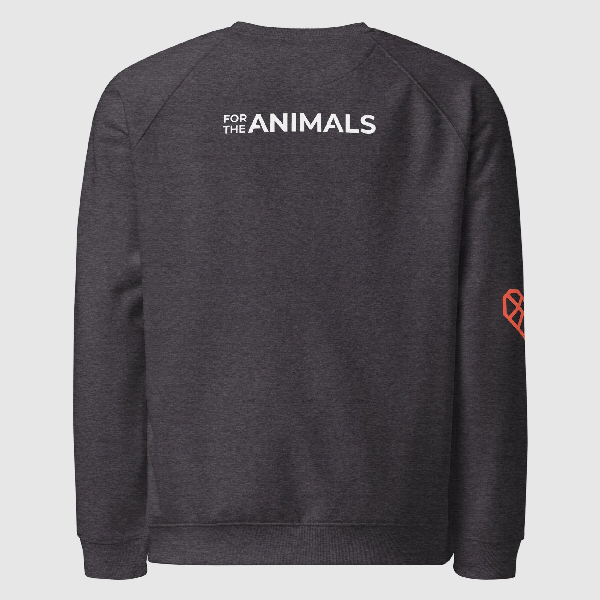 The back of the dark gray sweatshirts says For The Animals in white. The red Mended Heart icon is on the right sleeve near the elbow.
