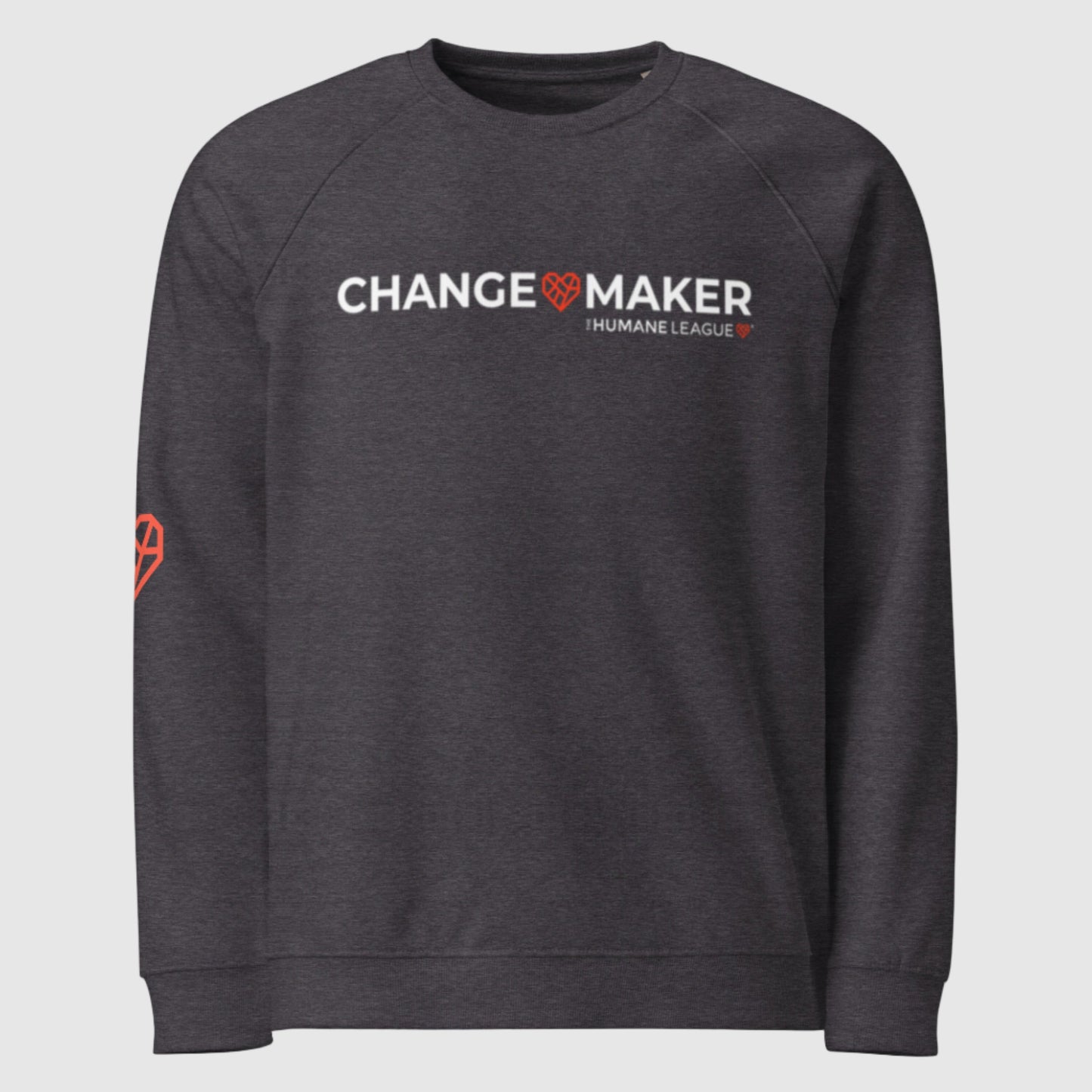 A dark grey heather sweatshirt with long sleeves. The front says Changemaker in white. A Mended Heart is in between the words Change and Maker. "The Humane League" and red geometric heart are printed underneath.