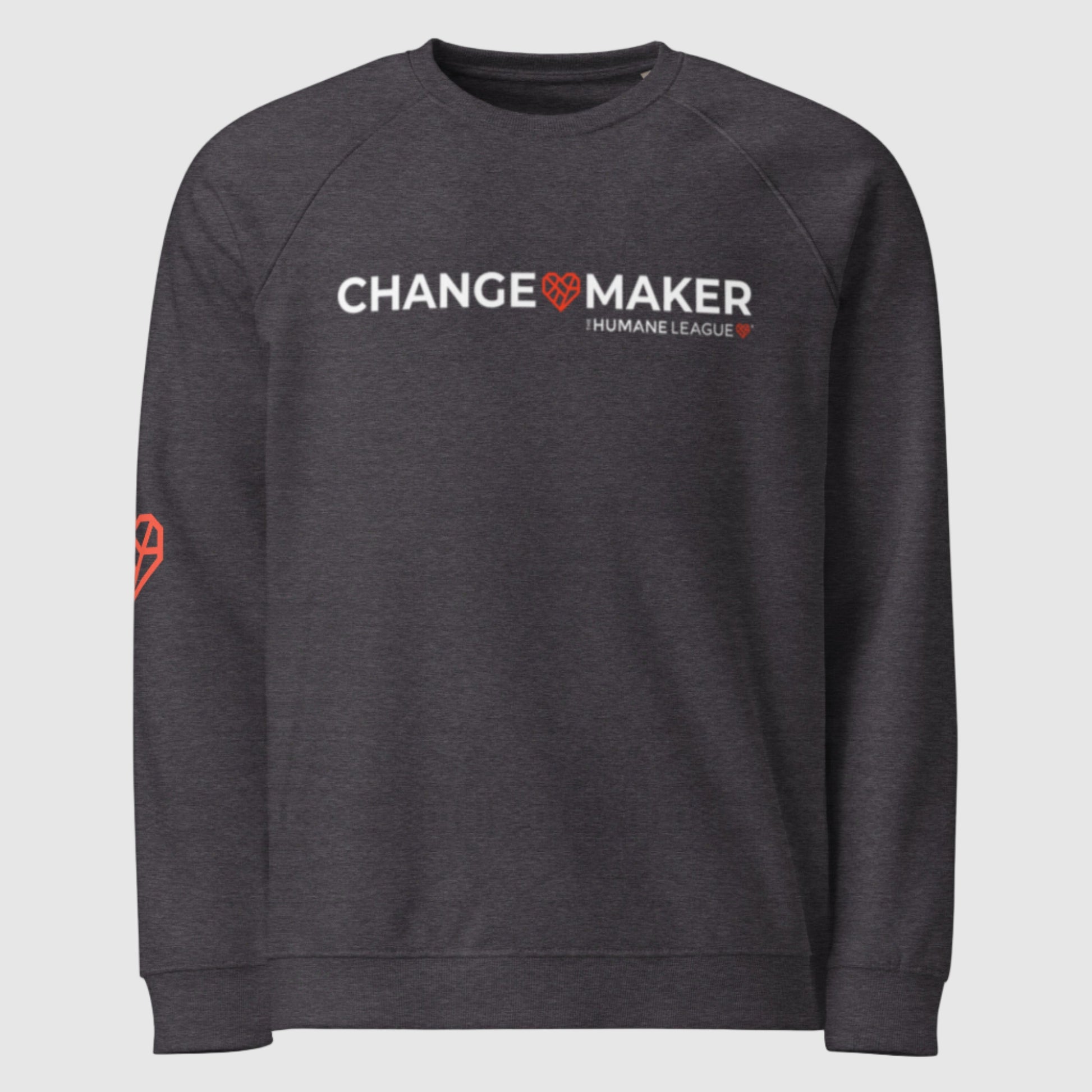 A dark grey heather sweatshirt with long sleeves. The front says Changemaker in white. A Mended Heart is in between the words Change and Maker. "The Humane League" and red geometric heart are printed underneath.