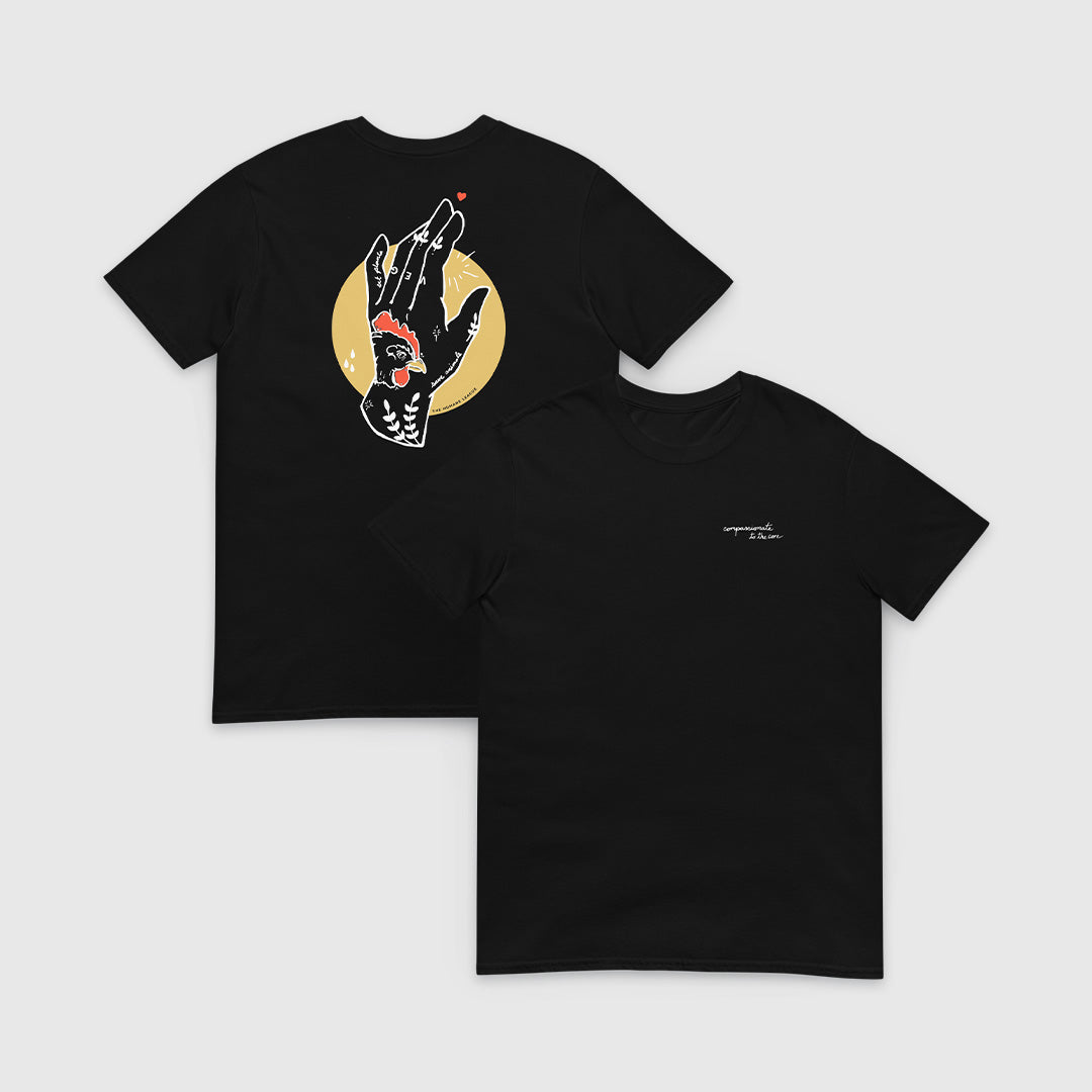 Black t-shirt with graphic designs on the front and back.