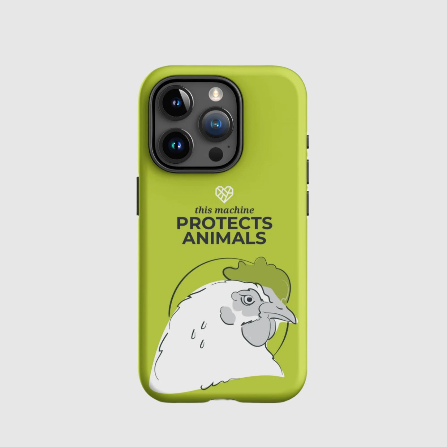 A green iPhone case featuring an illustration of a white chicken with a gentle expression. Above the chicken, it says, "This Machine Protects Animals" in bold text, with a white Humane League Mended Heart icon at the top. 