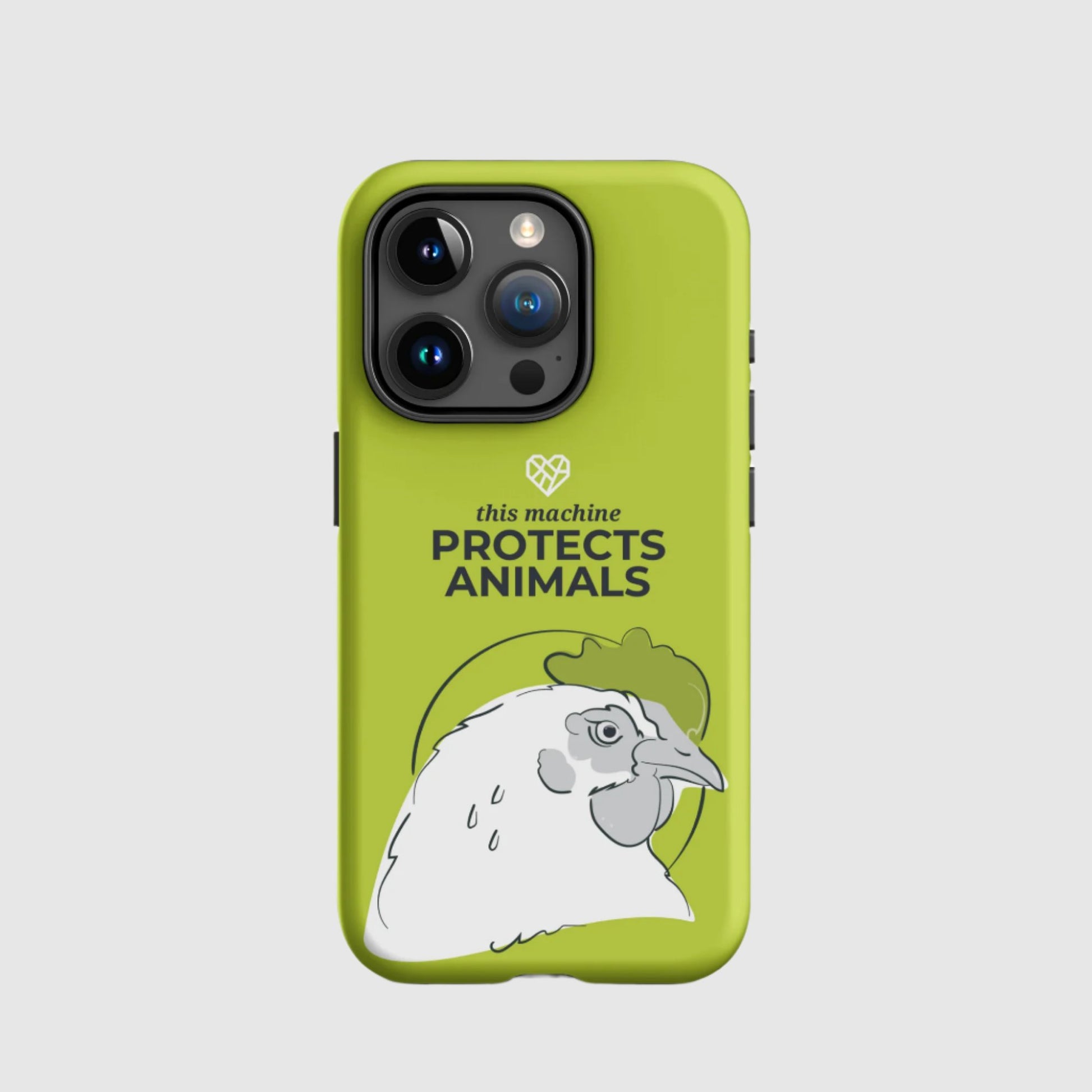A green iPhone case featuring an illustration of a white chicken with a gentle expression. Above the chicken, it says, "This Machine Protects Animals" in bold text, with a white Humane League Mended Heart icon at the top. 
