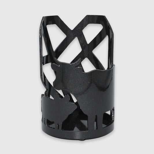 Black metal candle holder with cow, pig, chicken, and Mended Heart cut outs.