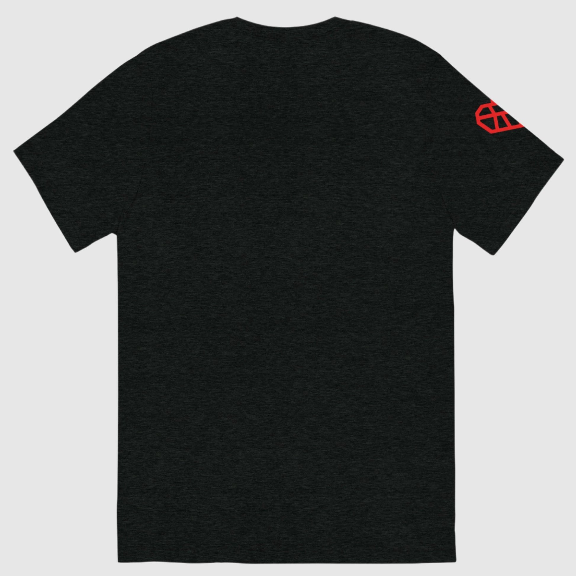 Back of the dark gray t-shirt showing the red geometric heart printed on the wearer's right sleeve. 