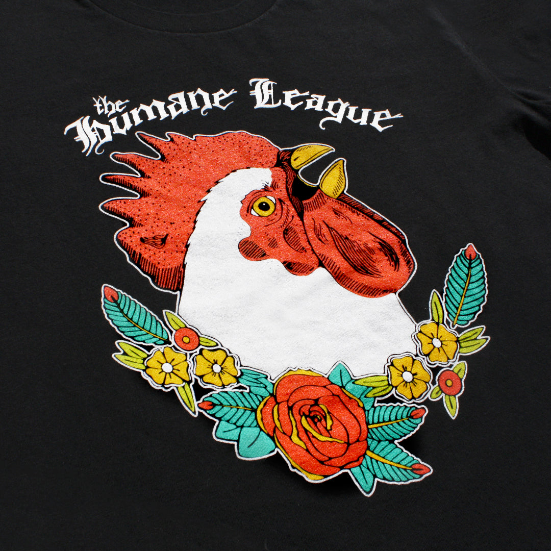 Close up of the chicken design on the front of the t-shirt