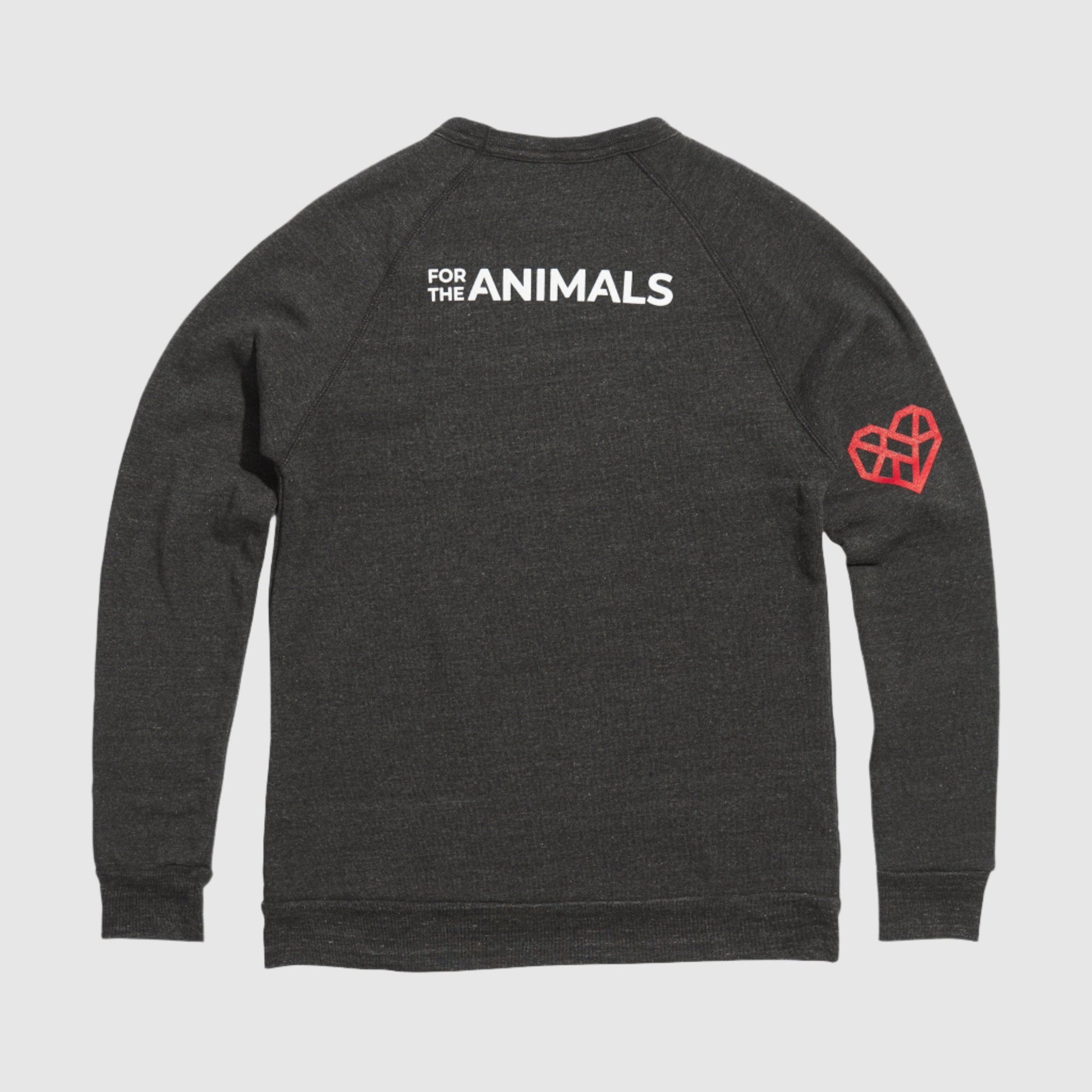 The back of the dark gray sweatshirts says For The Animals in white. The red Mended Heart icon is on the right sleeve near the elbow.