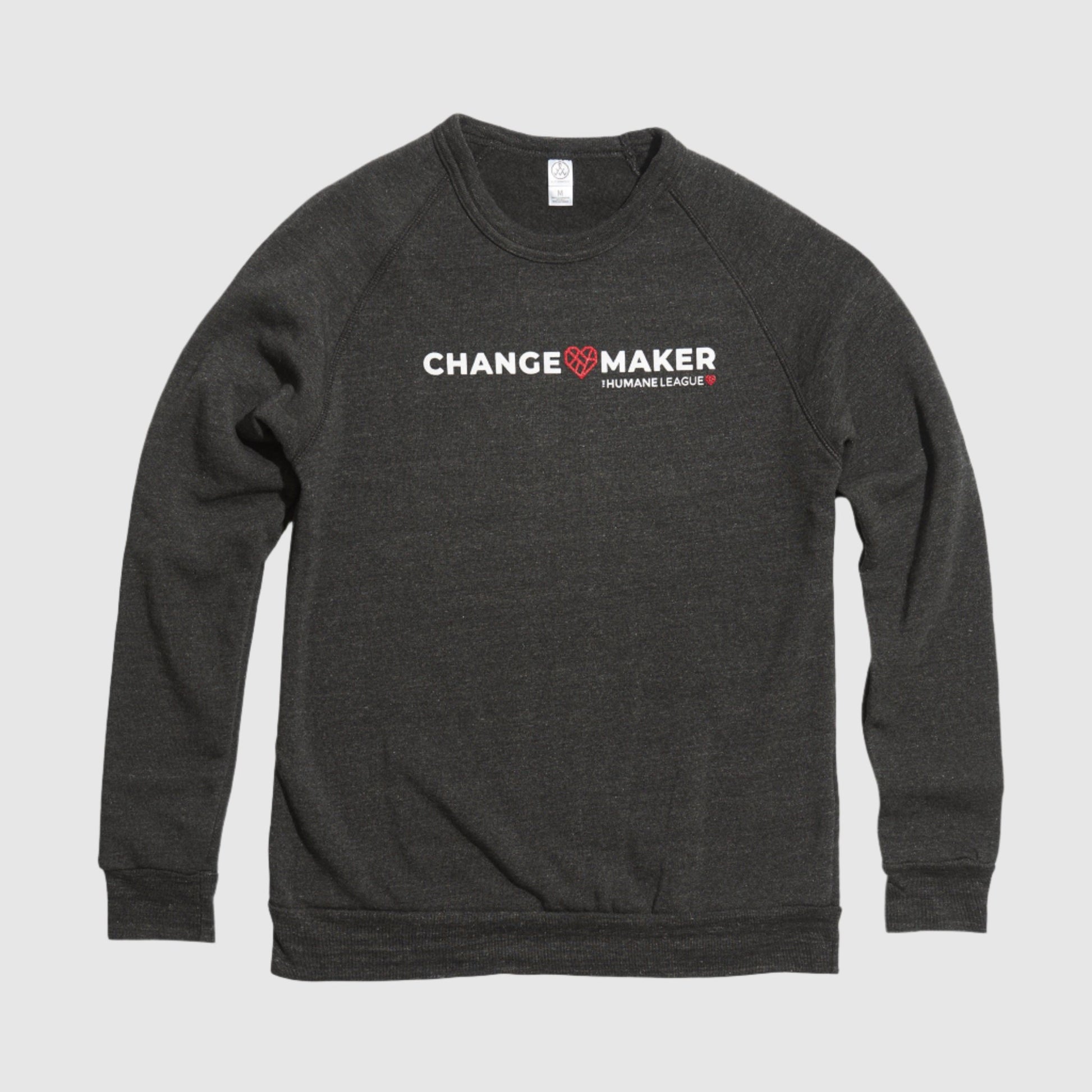 A dark grey heather sweatshirt with long sleeves. The front says Changemaker in white. A Mended Heart is in between the words Change and Maker. "The Humane League" and red geometric heart are printed underneath.