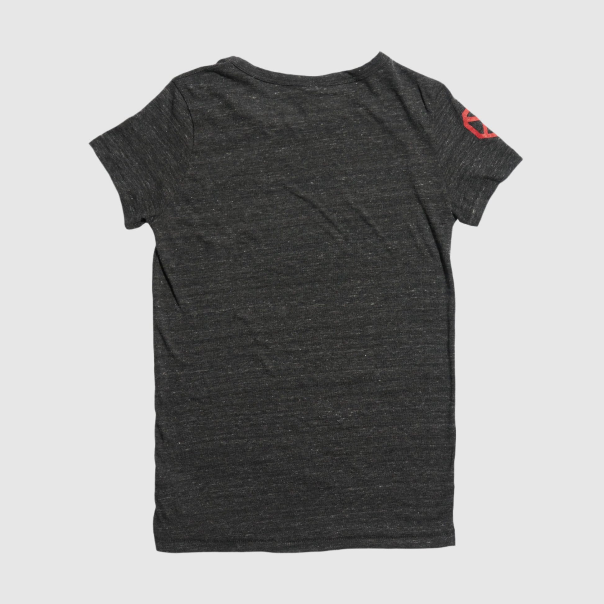 Back of the fitted style t-shirt showing the red geometric heart printed on the wearer's right sleeve. 
