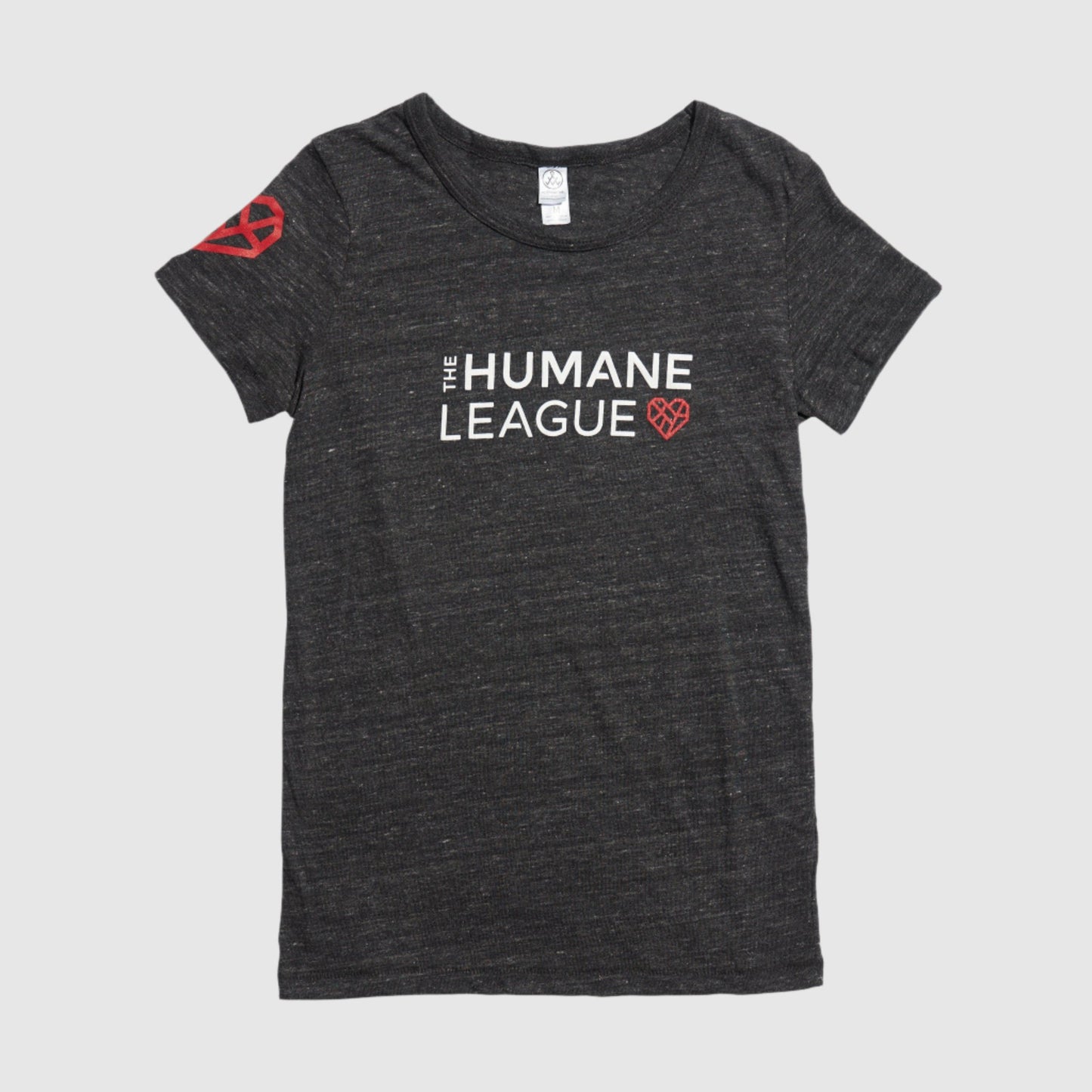 A dark gray heather t-shirt in a slimmer, fitted style with "THE HUMANE LEAGUE" printed in white, using an all-caps font across the chest. Next to the text is The Humane League's red Mended Heart icon. The shirt also features the heart icon on the wearer's right sleeve. 