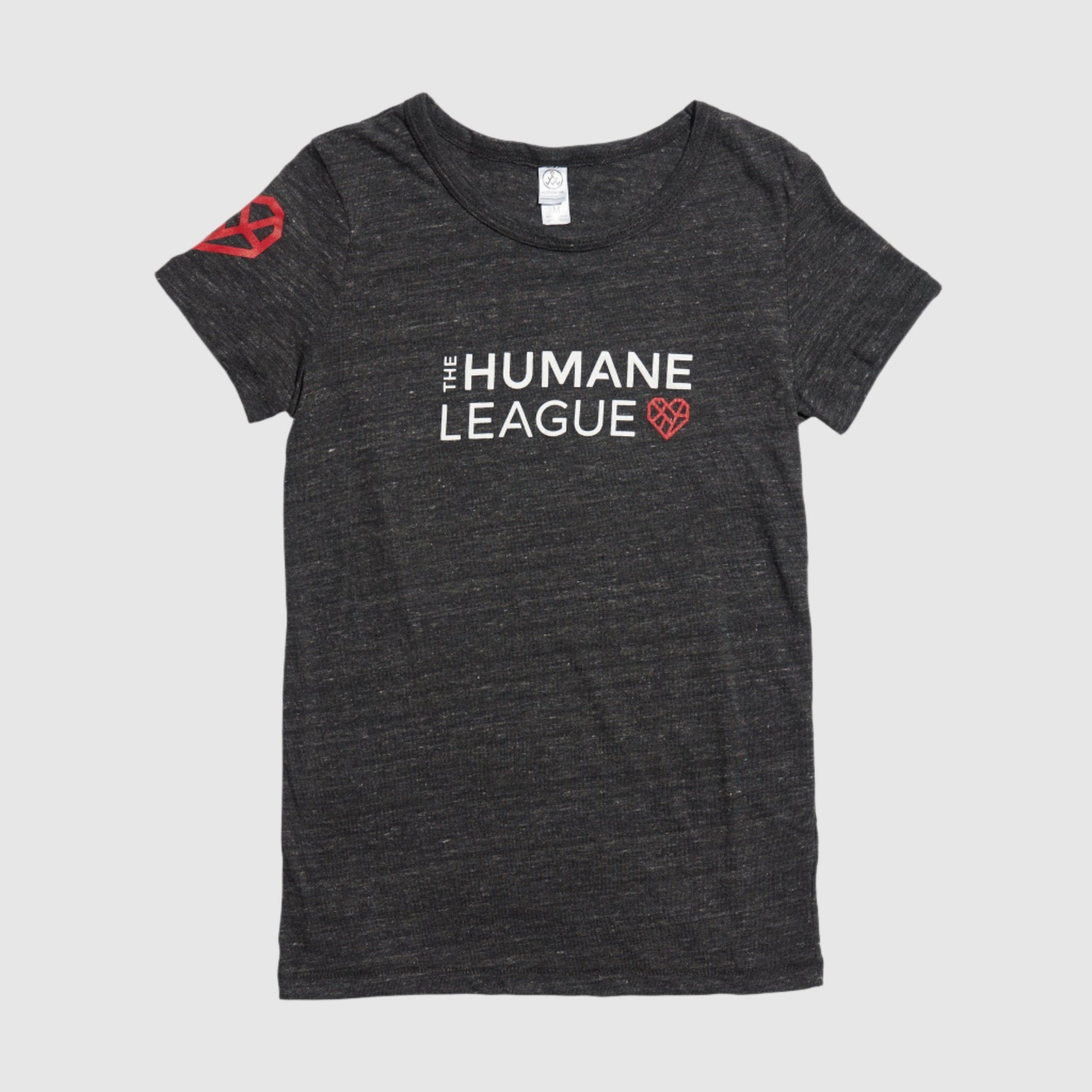 A dark gray heather t-shirt in a slimmer, fitted style with "THE HUMANE LEAGUE" printed in white, using an all-caps font across the chest. Next to the text is The Humane League's red Mended Heart icon. The shirt also features the heart icon on the wearer's right sleeve. 