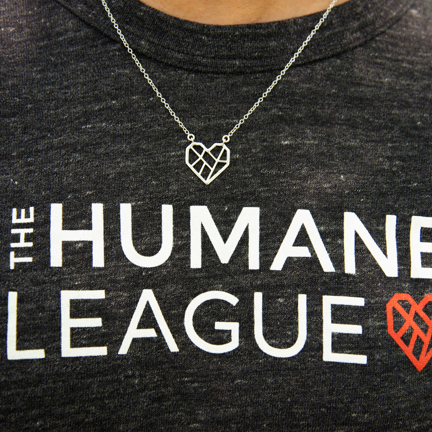 Front view of a person wearing the necklace with a dark great Humane League t-shirt.